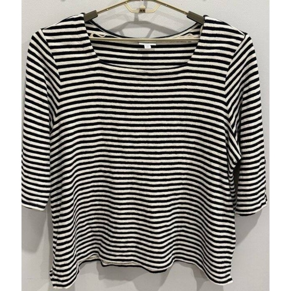J Jill Nautical Navy Cream Stripe Square Neck Lightweight Sweater 3/4 Buttons 3X